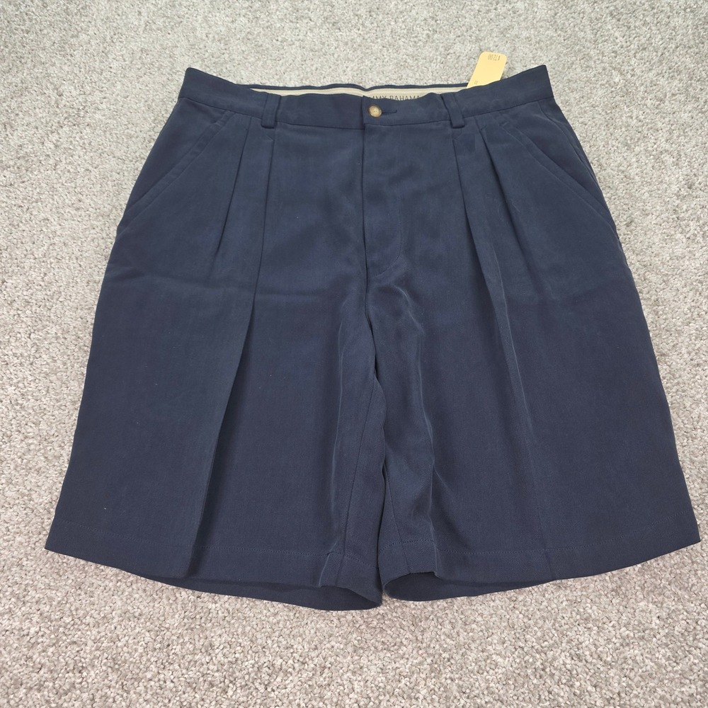 Vtg New Tommy Bahama Relax Mens 33 Silk Pleated Shorts Ink Navy Blue Herringbone